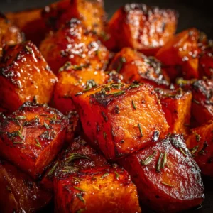 A close-up of caramelized roasted sweet potato cubes, highlighting their crispy texture.