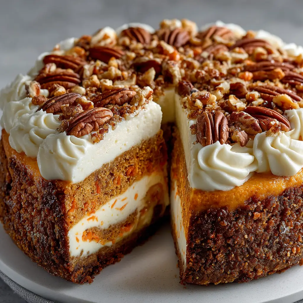 Carrot Cake Cheesecake: The Ultimate Dessert Hybrid 1 A close-up overhead view of the carrot cake cheesecake, showing the texture of the creamy cheesecake layer and the decorative frosting swirls.