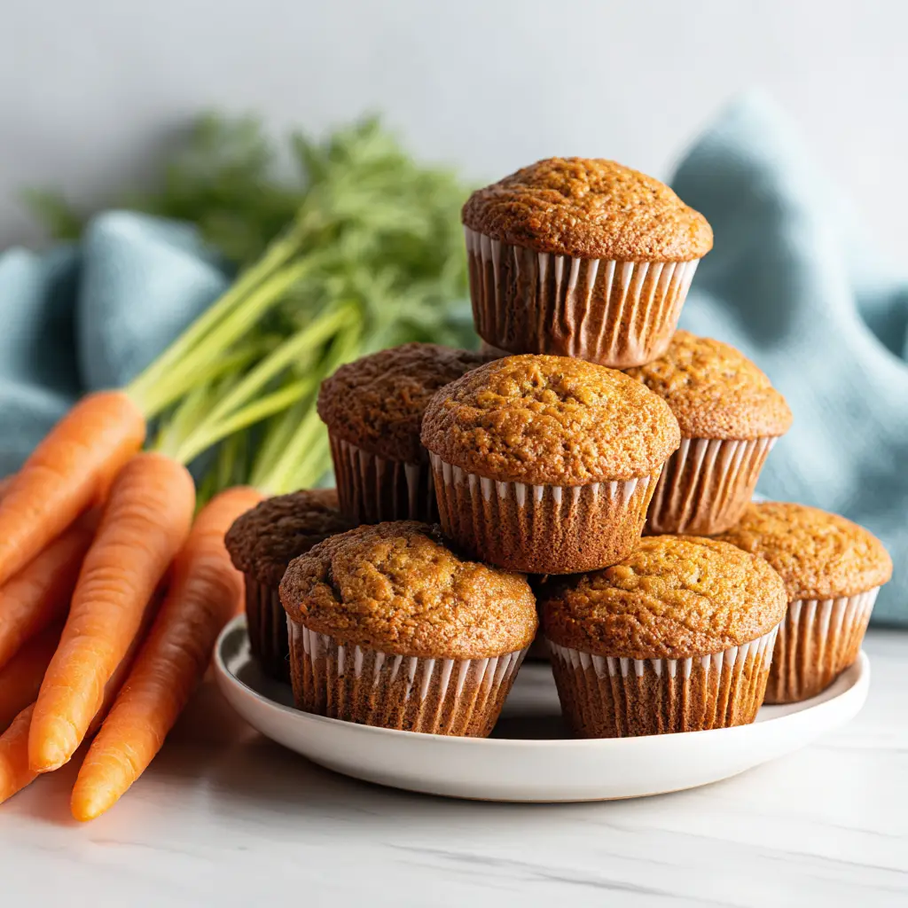 The batter for carrot cake muffins being mixed in a bowl, with vibrant grated carrots visible throughout.
