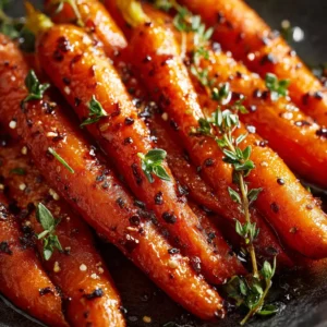 Sliced carrots in a glass bowl being tossed with a maple syrup and butter glaze before being roasted.