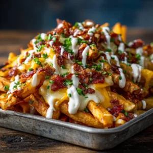 A close-up shot of cheesy bacon loaded fries being drizzled with a rich, homemade cheese sauce, highlighting the creamy texture.