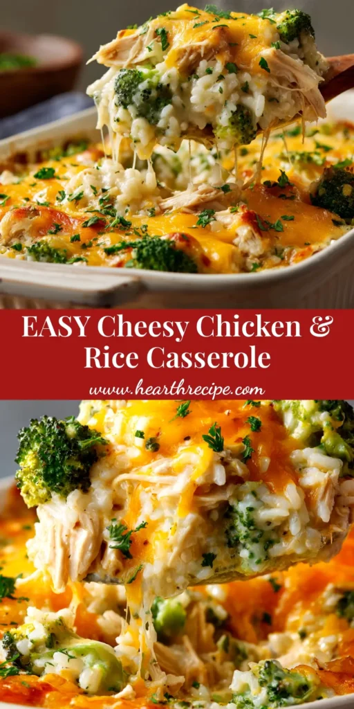 A top-down view of a golden-baked Cheesy Broccoli Chicken and Rice Casserole in a white baking dish, ready to be served.