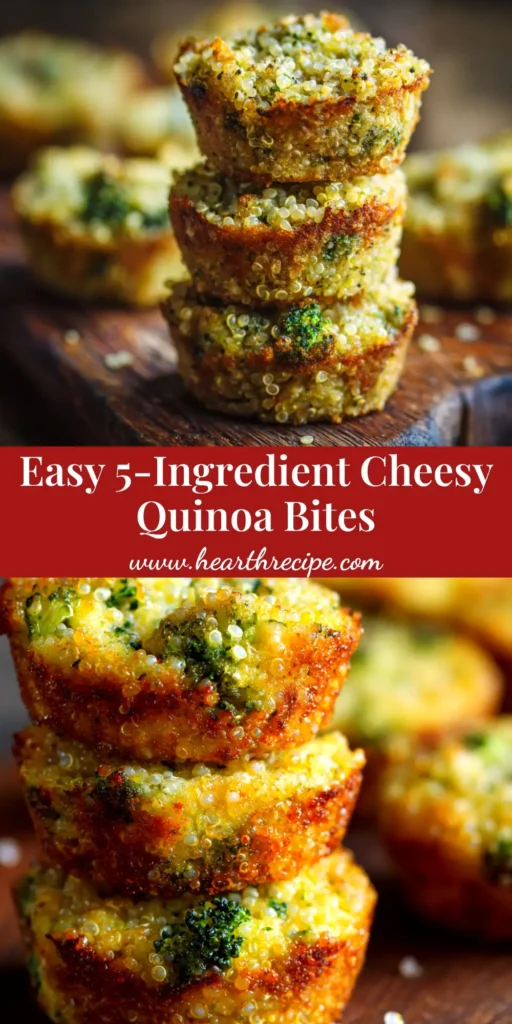 A shareable pin image for crispy Cheesy Broccoli Quinoa Bites, showing the golden-brown bites with text overlay for a healthy snack recipe.