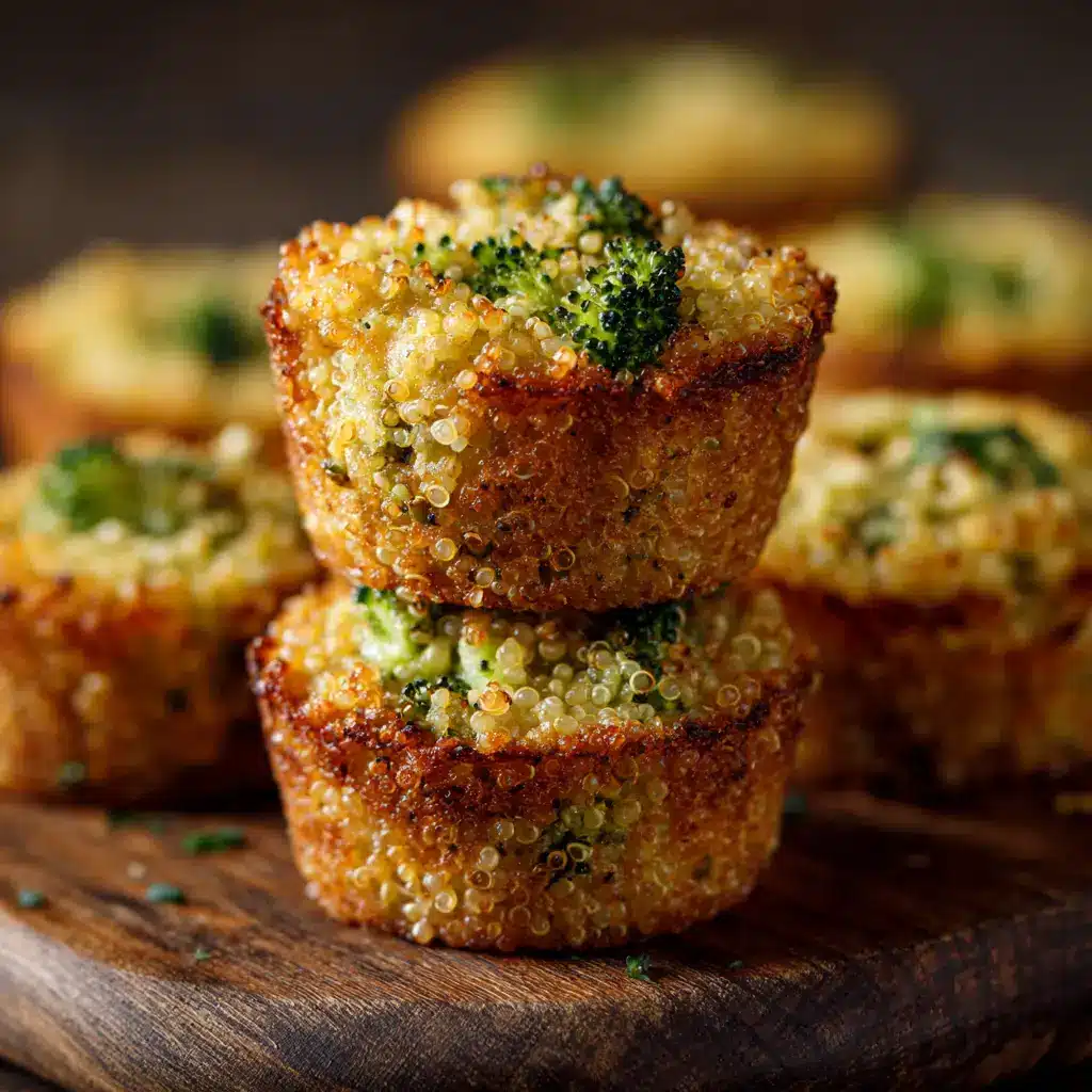 Another angle of cheesy broccoli quinoa bites, highlighting the melted cheddar cheese and flecks of broccoli inside.