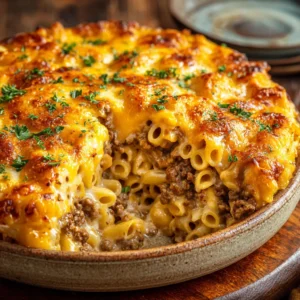A scoop of cheesy hamburger casserole on a plate, showing the layers of noodles, ground beef, and creamy sauce.