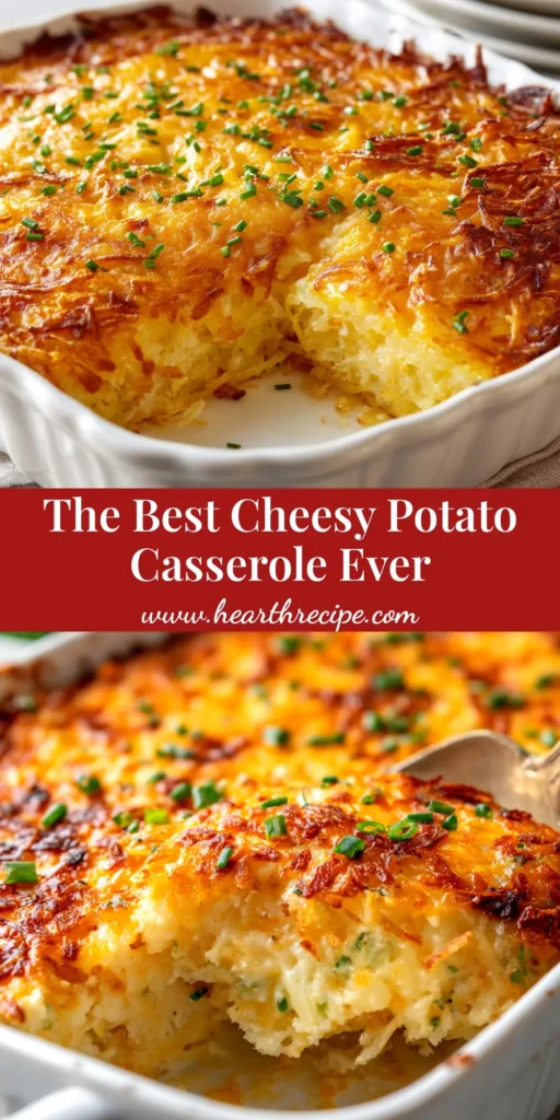An overhead shot of a delicious and bubbly cheesy potato casserole in a white baking dish, ready to be served. The perfect comfort food recipe.