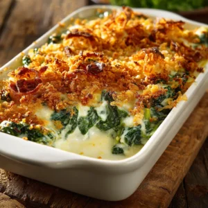 An extreme close-up shot of the cheesy spinach casserole, showing the creamy texture and melted mozzarella cheese.