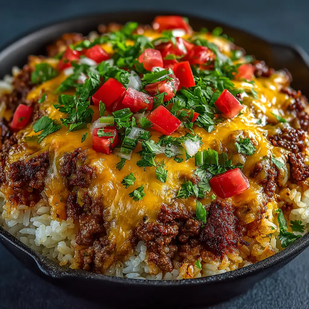 The ingredients for the cheesy taco rice skillet laid out, including ground beef, rice, cheese, and seasonings.