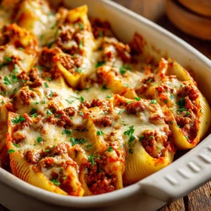 A close-up shot of cheesy taco stuffed shells in a white baking dish, showing the seasoned ground beef filling and bubbly cheese topping.