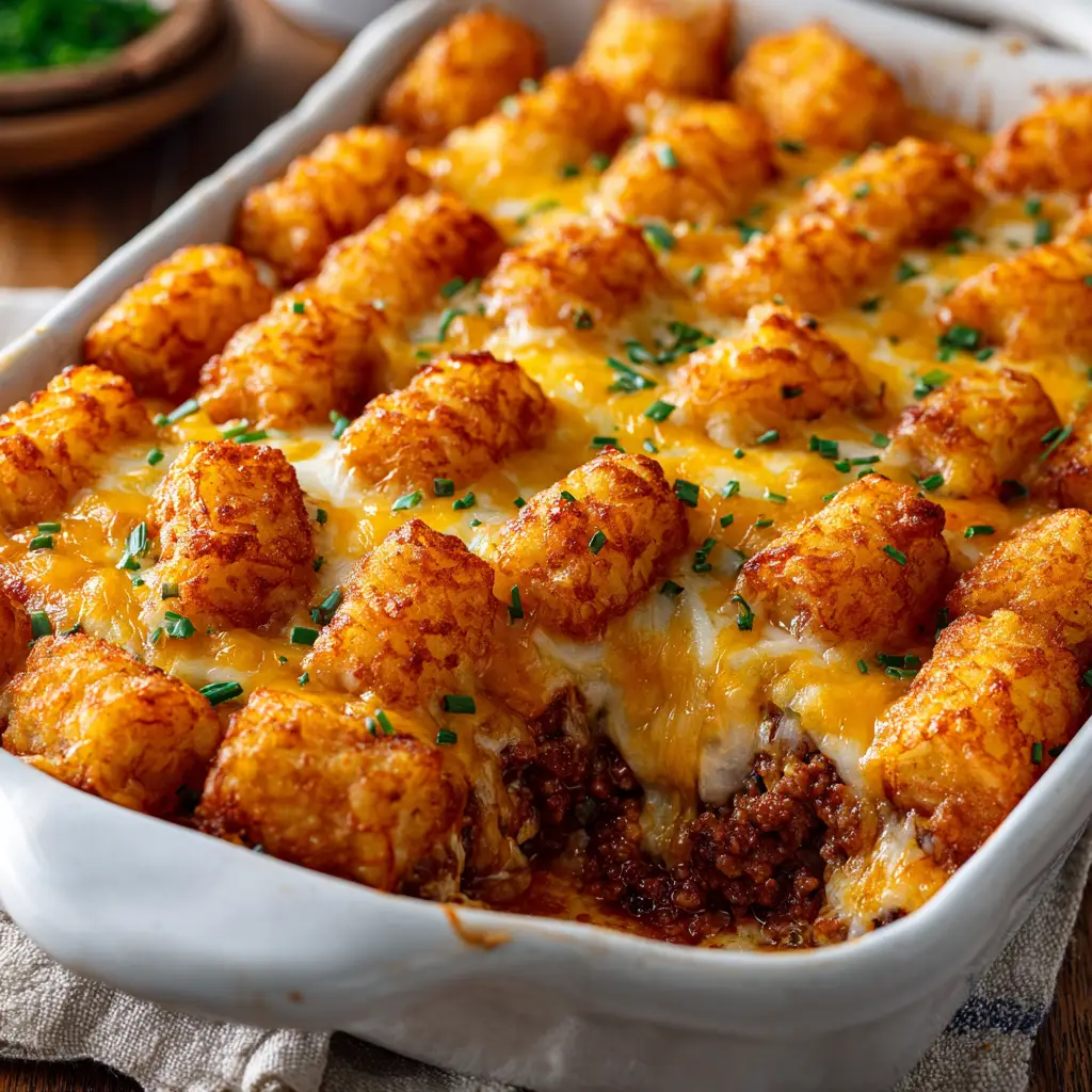 The full tater tot hotdish in a 9x13 baking dish before being served, showcasing the melted cheese and crispy tots.