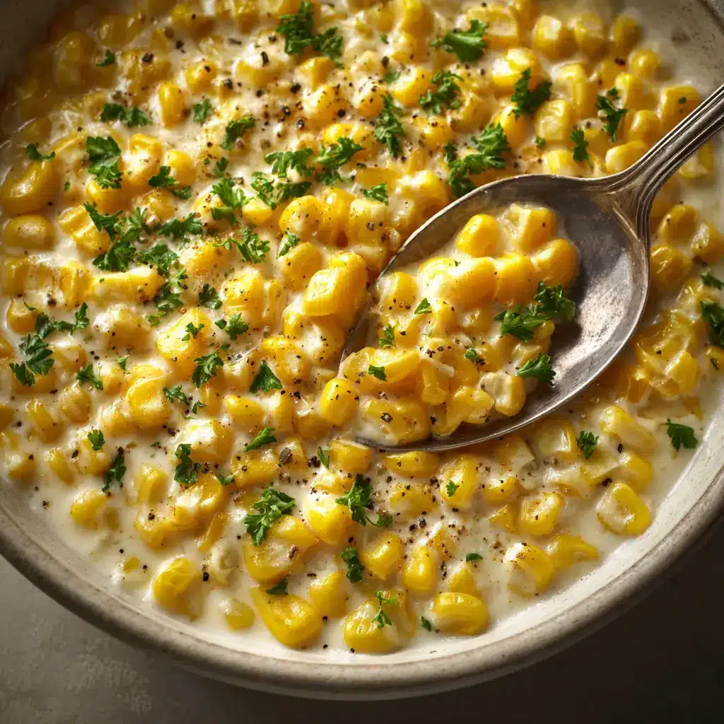 A spoonful of the cheesy corn casserole being lifted from the dish, showcasing its creamy interior.
