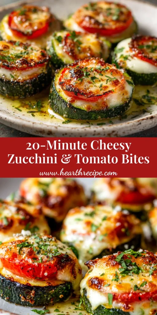 A platter of baked Cheesy Zucchini Tomato Bites, showing golden melted cheese on top of zucchini and tomato rounds, garnished with fresh herbs.
