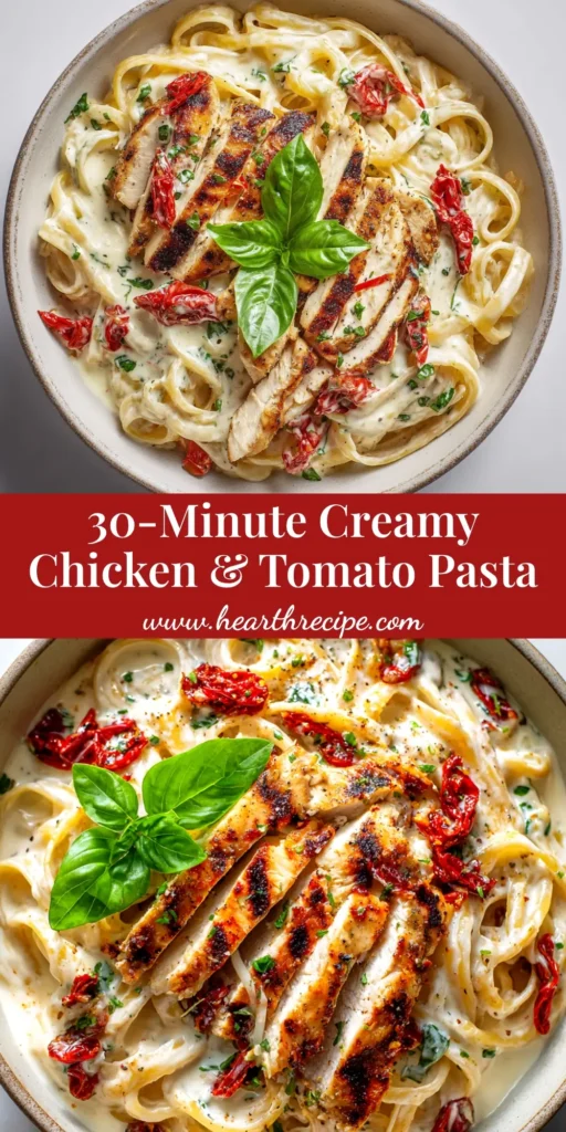 A stunning overhead shot of Chicken Alfredo with Sun-Dried Tomatoes in a white bowl, garnished with fresh parsley. The creamy pasta is tossed with pieces of chicken and vibrant red tomatoes.