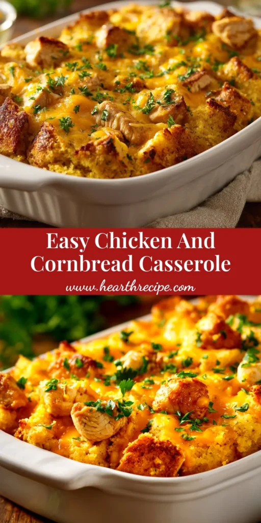 A delicious serving of Chicken and Cornbread Casserole on a white plate, showcasing the creamy chicken filling and golden cornbread topping. The ultimate comfort food recipe.