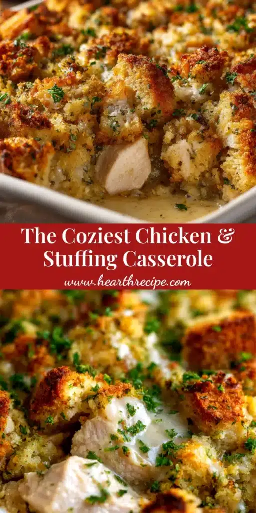 A top-down view of a delicious Chicken and Stuffing Casserole in a white baking dish, showing the golden-brown stuffing topping and creamy filling.