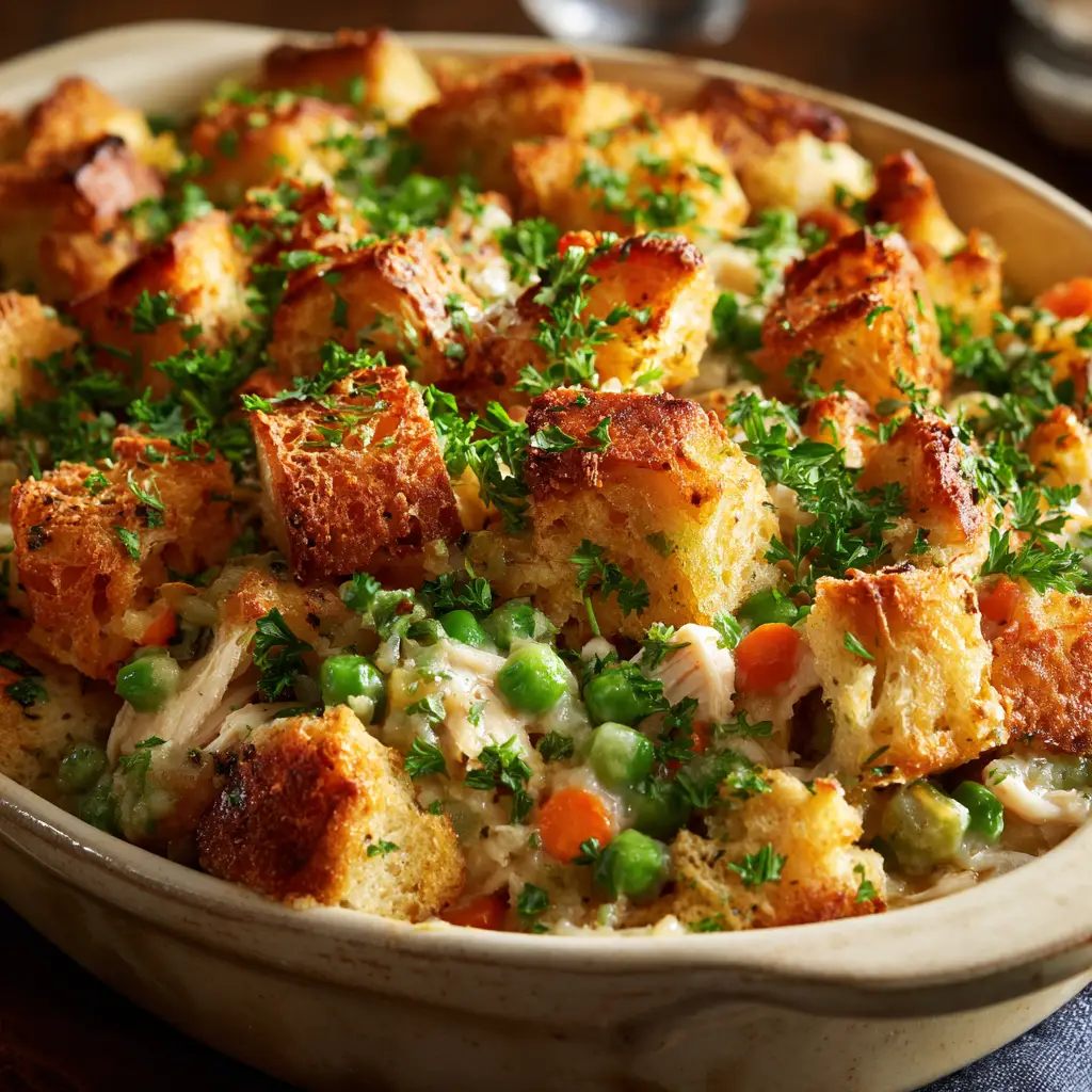 The golden-brown, crispy stuffing topping on the homemade chicken casserole after baking.