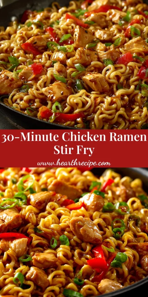 A close-up shot of a delicious Chicken Ramen Stir Fry in a white bowl, garnished with sesame seeds and green onions. The noodles are coated in a savory sauce with pieces of chicken and vegetables.