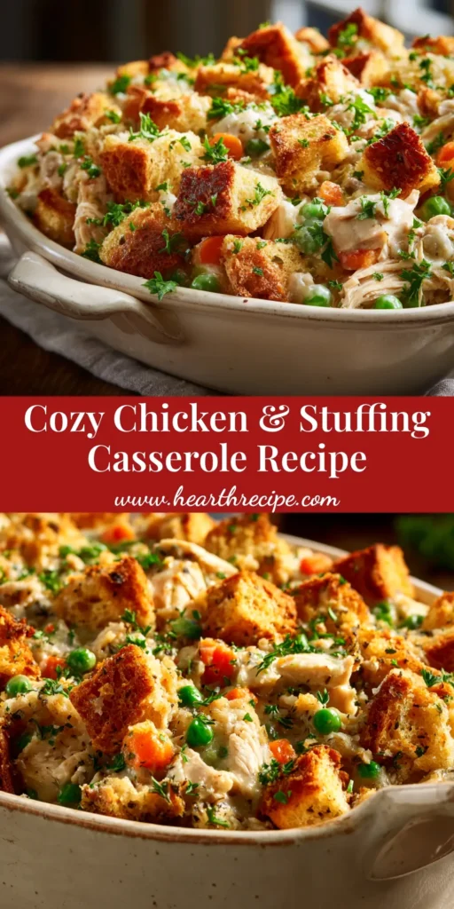 A delicious and easy Chicken Stuffing Casserole in a white baking dish, with a slice taken out to show the creamy filling. The perfect comfort food recipe.
