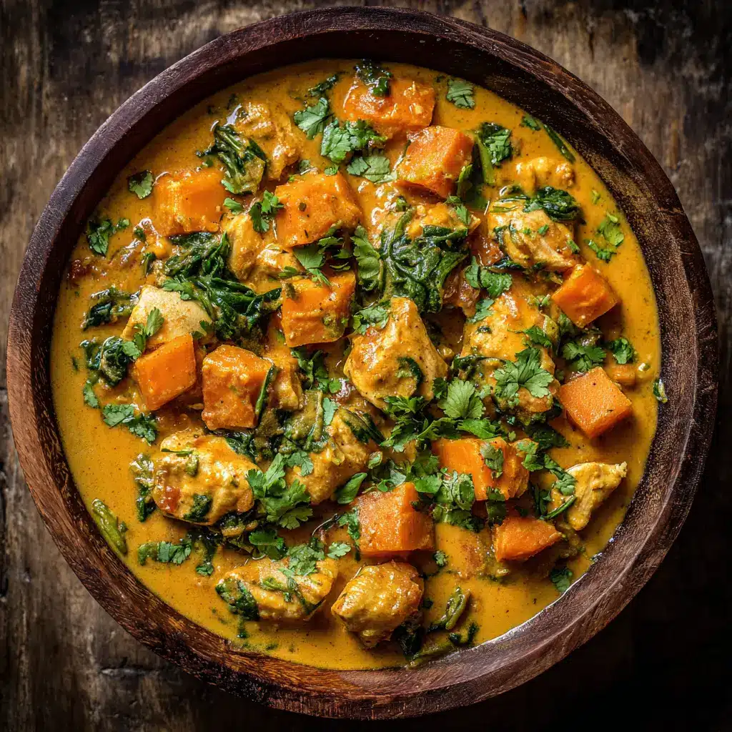 An overhead view of the key ingredients for chicken sweet potato curry arranged on a dark wood background, including cubed chicken, sweet potatoes, and spices.