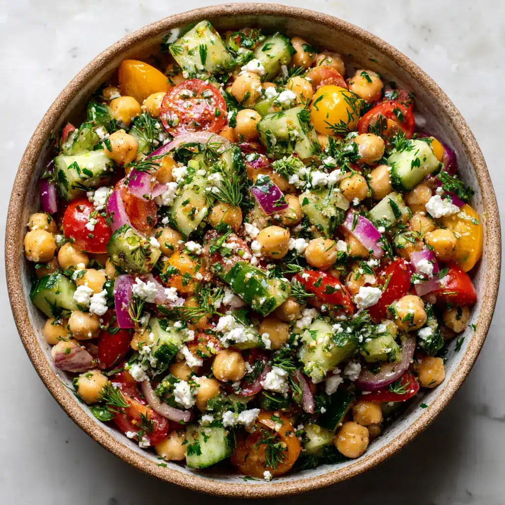 A close-up shot of the fresh ingredients for a Mediterranean chickpea salad, including cucumbers, tomatoes, and chickpeas.