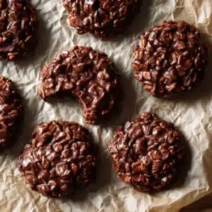 A close-up shot of several finished chocolate oatmeal no-bake cookies on a rustic wooden board.