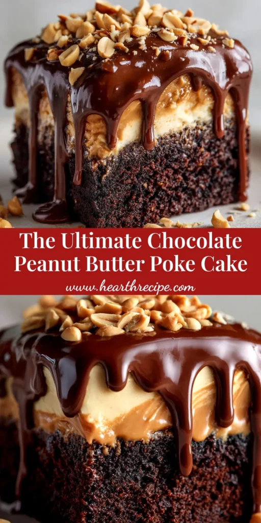 A delicious slice of Chocolate Peanut Butter Poke Cake on a white plate, showcasing the creamy frosting and moist chocolate crumb filled with peanut butter.