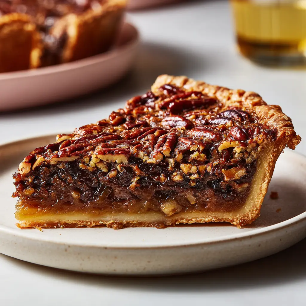 A close-up view of the gooey chocolate and pecan pie filling being poured into the pie crust before baking.