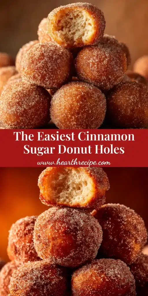 Easy homemade cinnamon sugar donut holes piled on a plate. A quick and delicious breakfast or dessert recipe that can be fried, baked, or air-fried.