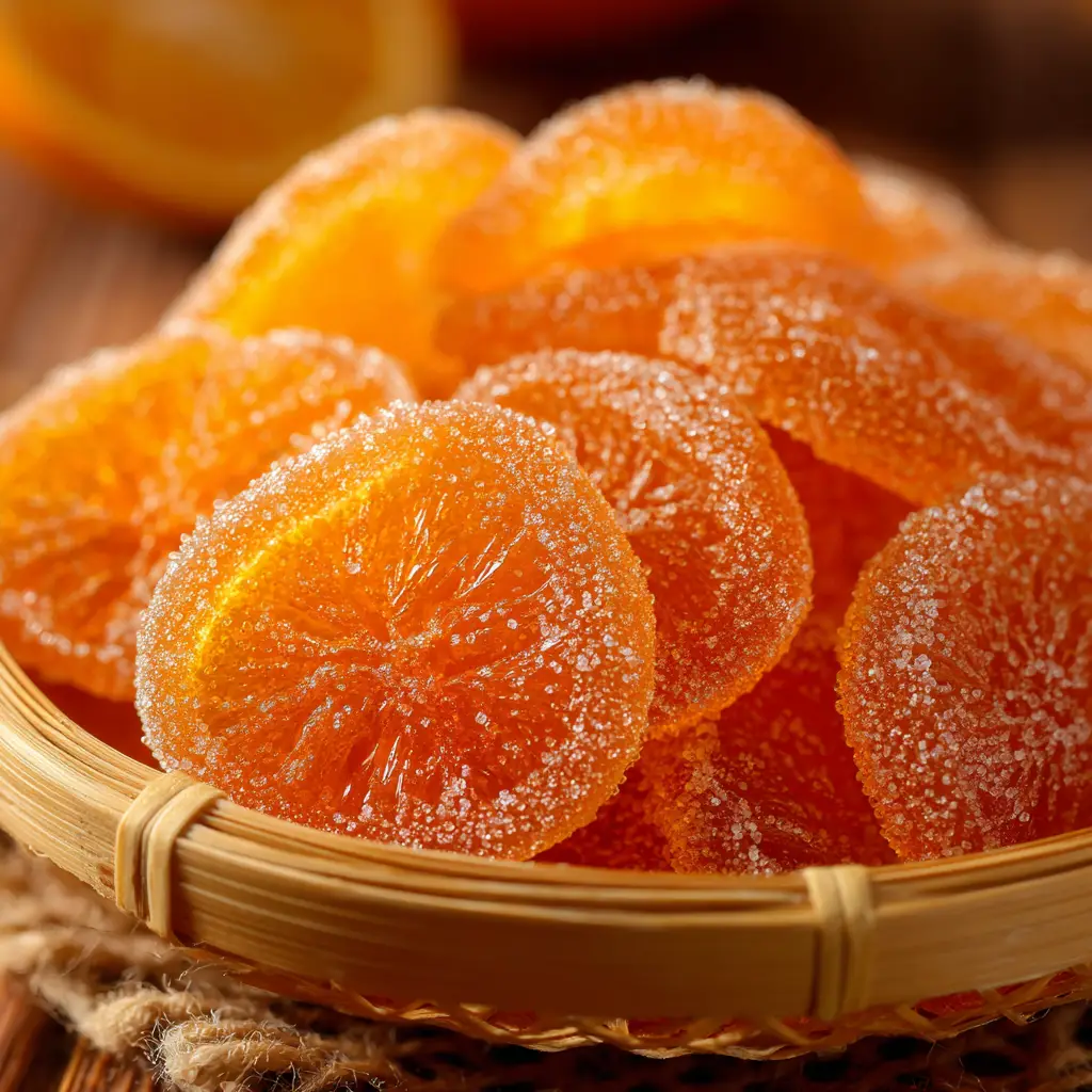 A stack of citrus pectin candy made from the old-fashioned orange candy recipe, glowing in the light.