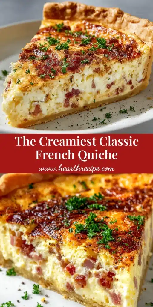 A beautiful overhead shot of a perfectly baked Classic French quiche recipe in a tart pan, with one slice removed to show the rich and creamy custard filling.