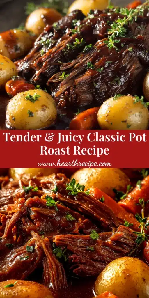 A tender Classic Pot Roast in a rustic serving dish, surrounded by carrots and potatoes and covered in a rich brown gravy. The perfect comfort food recipe.