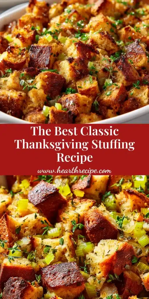 A classic Thanksgiving stuffing recipe baked in a white casserole dish, showcasing a perfectly golden-brown and crispy top with fresh parsley garnish.
