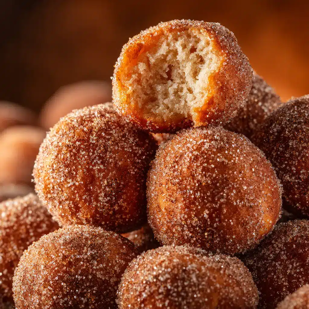 The simple process of rolling warm donut holes in a bowl of cinnamon sugar, showing how the delicious coating is applied.
