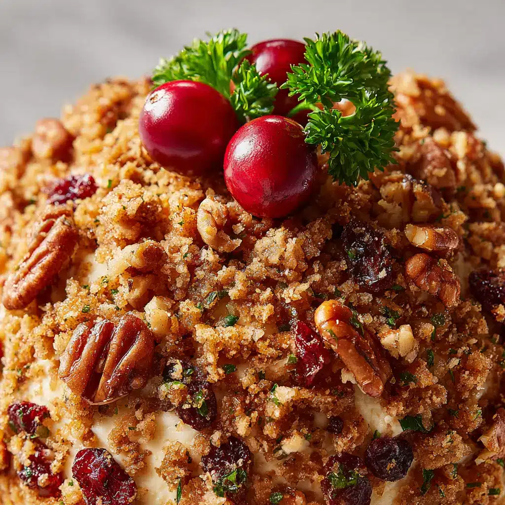 Cranberry Pecan Cheese Ball (The Easiest Holiday Appetizer) 1 A chilled cheese ball being rolled in a mixture of chopped cranberries and toasted pecans.