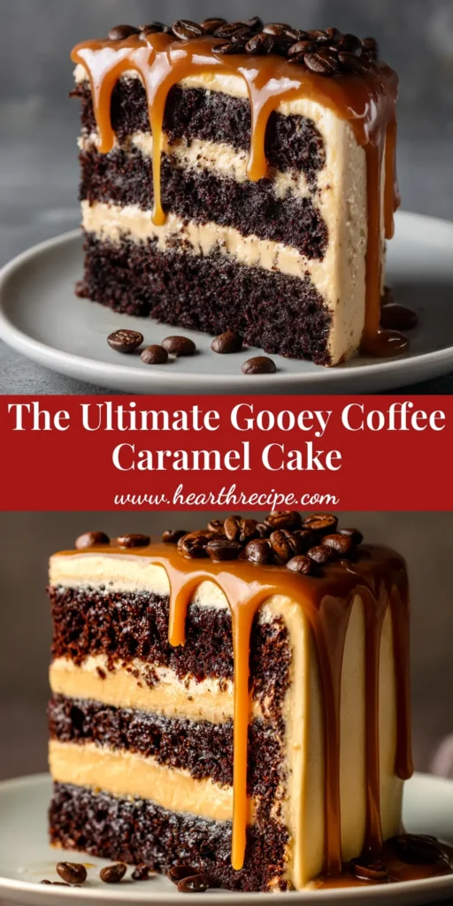 A stunning three-layer coffee caramel cake on a cake stand, with a perfect caramel drip and a slice cut out, showcasing the moist coffee-infused layers and caramel buttercream.