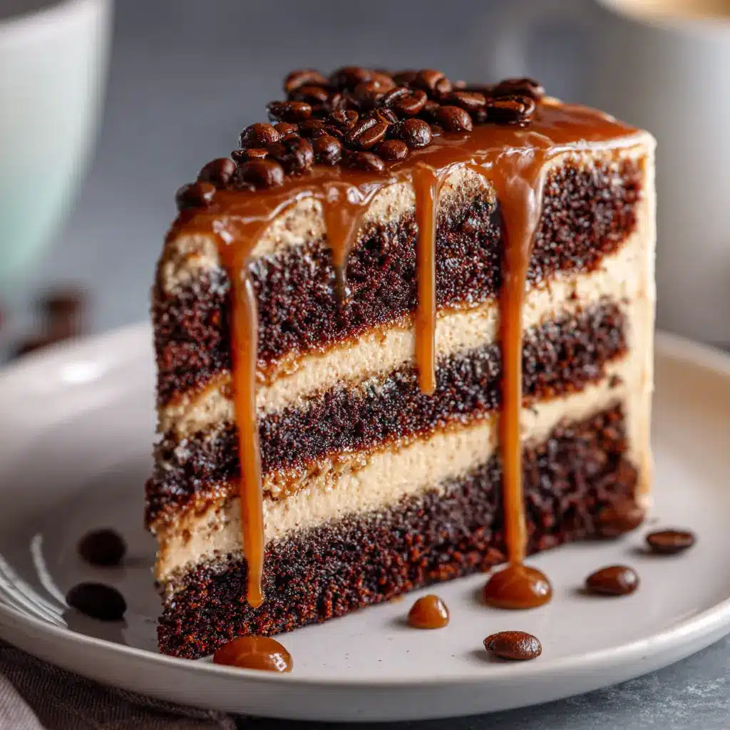 A close-up view of the caramel drip on the coffee layer cake, highlighting the glossy texture of the homemade caramel sauce against the smooth frosting.