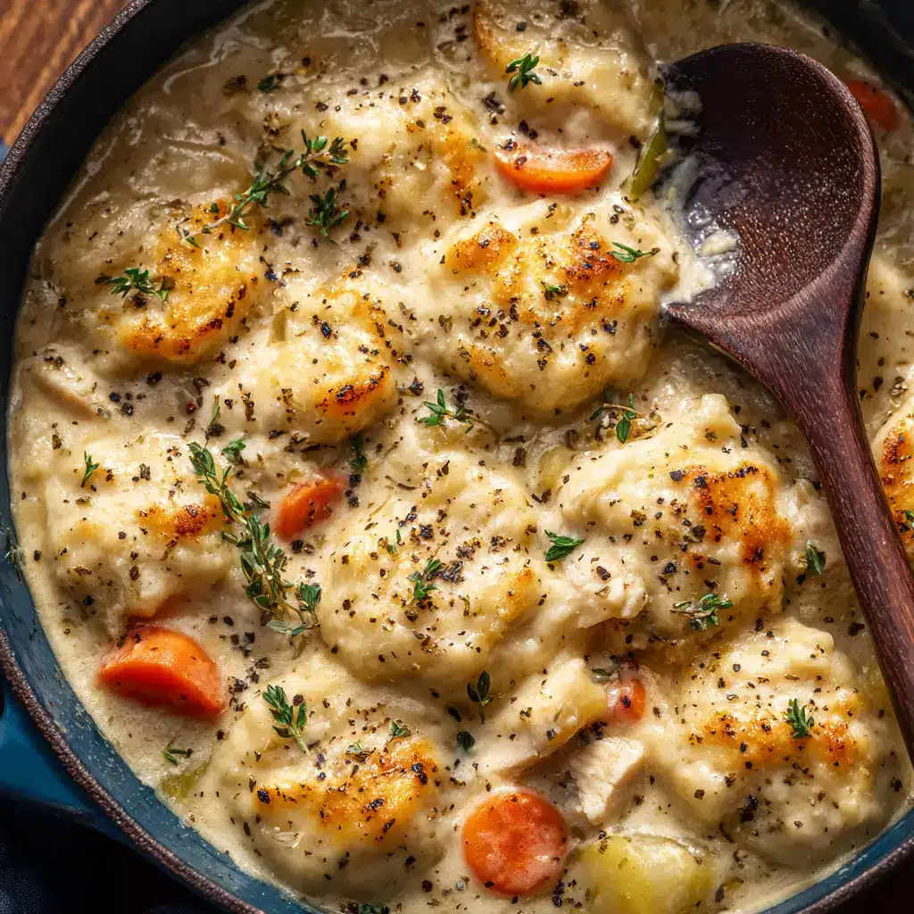 Freshly dropped dumpling dough balls steaming on top of the chicken stew in a rustic pot.