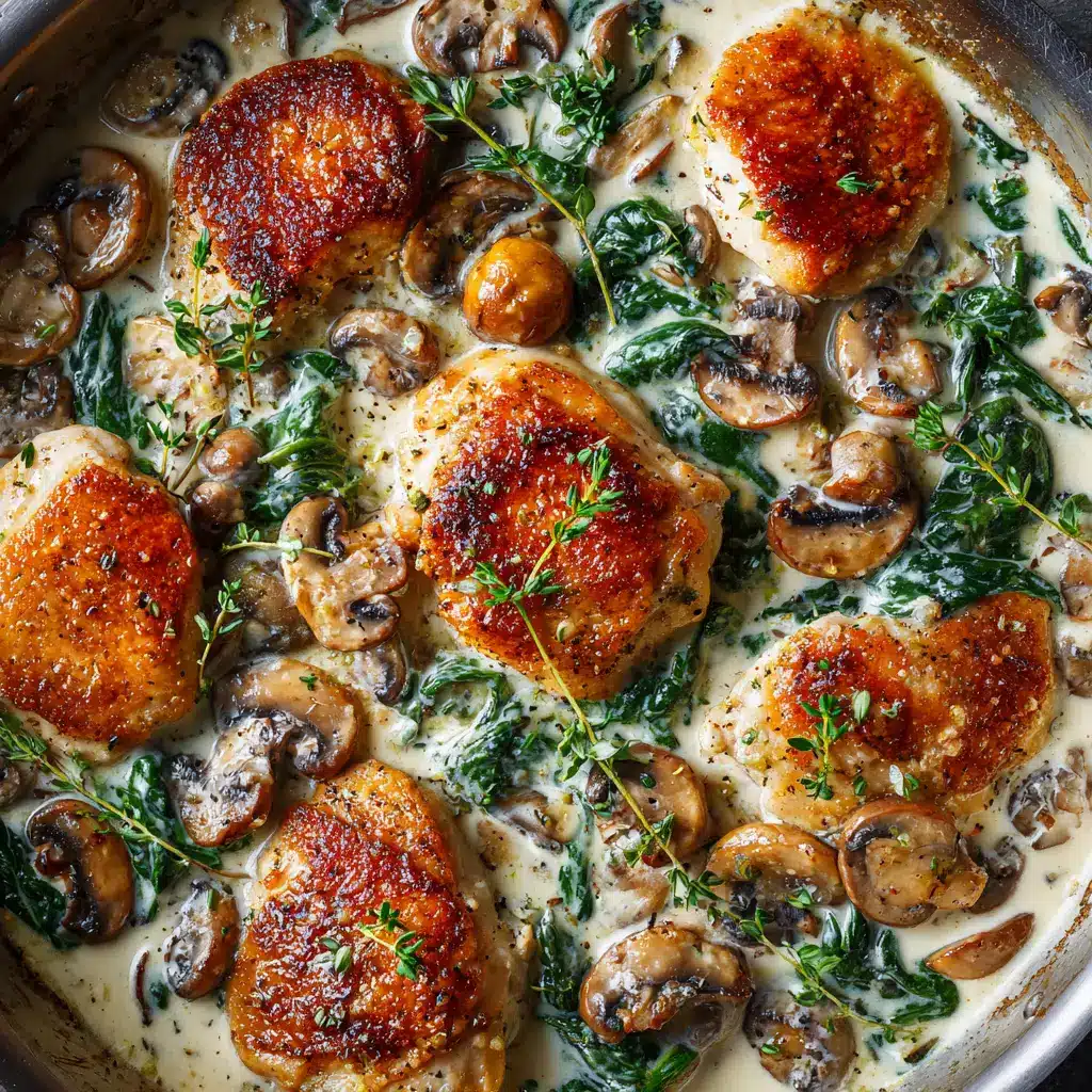 A golden-brown seared chicken breast being added back into the skillet with the creamy mushroom sauce.