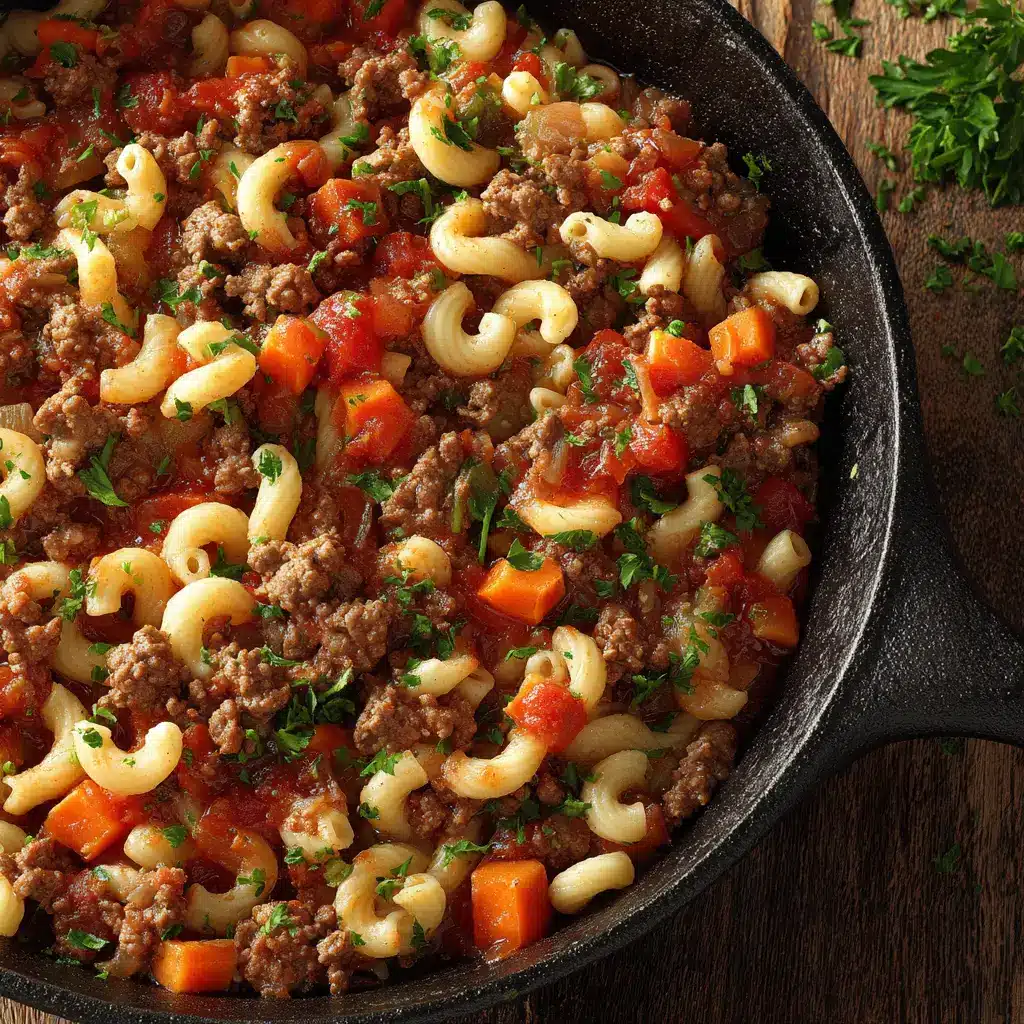 Old-Fashioned Goulash (The BEST Classic Recipe!) 1 A large Dutch oven filled with simmering Old-Fashioned Goulash, showing the macaroni cooking in the rich tomato sauce.