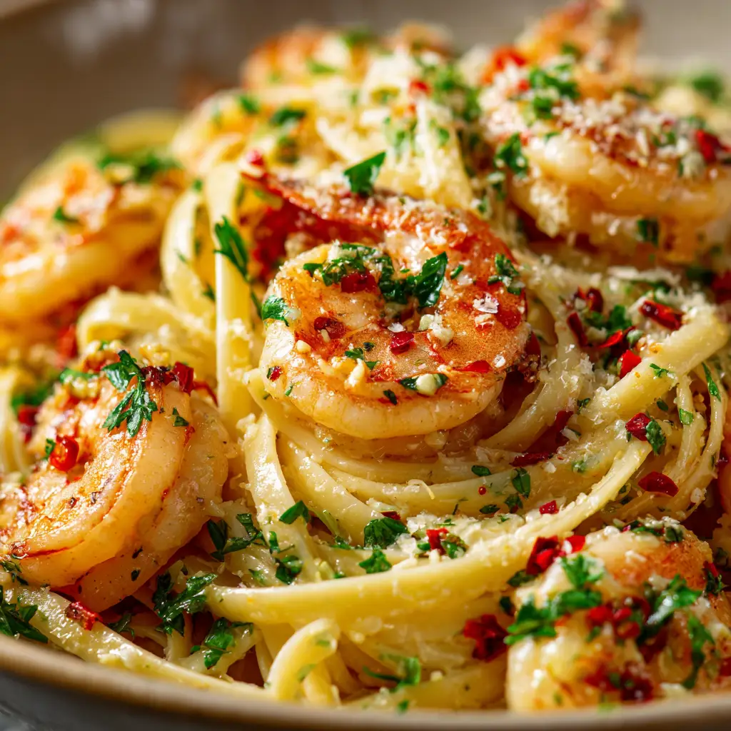 Garlic Butter Shrimp Pasta (Ready in 20 Minutes!) 1 A pan of shrimp sizzling in garlic and butter, mid-way through the cooking process for the garlic butter shrimp pasta recipe.