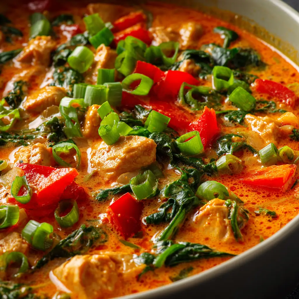 Chicken pieces browning in a skillet with fragrant red curry paste, the first step in making authentic Thai curry.