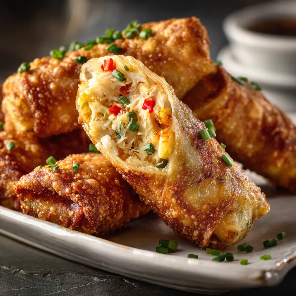 Crab Cake Egg Rolls: The Ultimate Crispy Appetizer 1 One crab cake egg roll cut in half, revealing the creamy and generous lump crab meat filling inside.