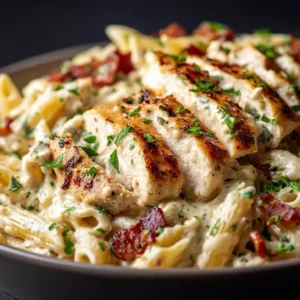 A close-up shot of the ingredients for cheesy chicken pasta, including penne, chicken breasts, bacon, and ranch seasoning.
