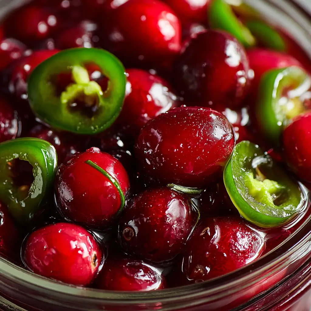 Cranberry Jalapeño Cowboy Candy poured over a block of cream cheese and served with crackers on a festive platter. A perfect holiday party dip idea.