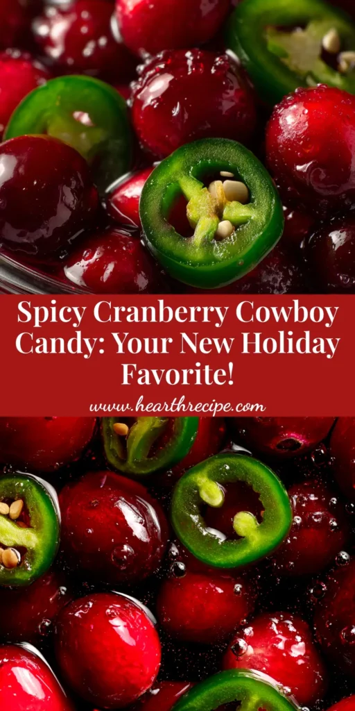 A close-up of a jar of homemade Cranberry Jalapeño Cowboy Candy, showing vibrant red cranberries and green jalapeño slices in a clear syrup. Perfect for a holiday appetizer recipe pin.