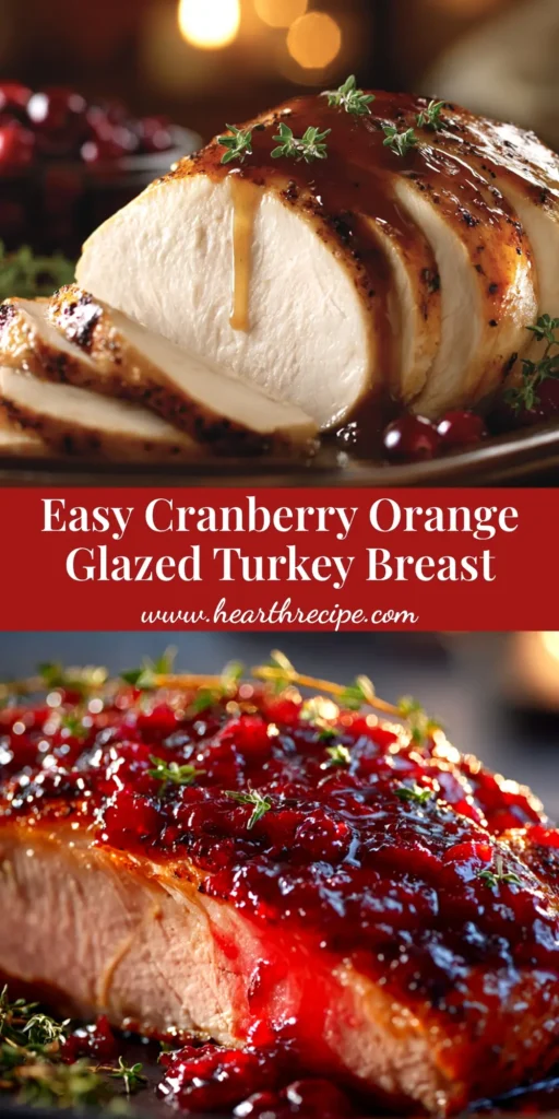A perfectly roasted Cranberry Orange Glazed Turkey Breast on a serving platter, ready for a holiday dinner. The glaze is glossy and vibrant.