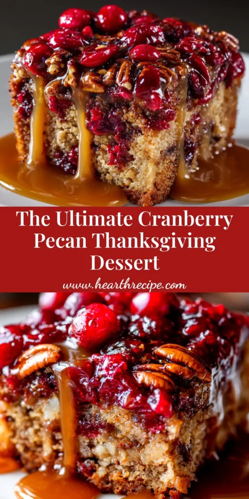 A beautiful overhead shot of a finished Cranberry Pecan Cake on a serving platter, garnished with fresh cranberries and pecans. The perfect holiday dessert recipe.