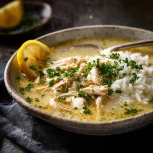 A close-up shot of creamy Avgolemono soup in a rustic bowl, showing the silky texture of the egg-lemon broth.