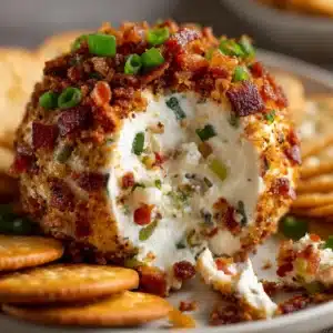 A close-up view of the creamy texture inside a homemade bacon ranch cheese ball, showing bits of bacon, cheddar, and green onion.