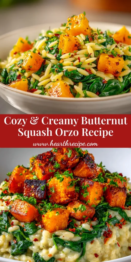 A close-up shot of creamy butternut squash orzo in a white bowl, garnished with fresh sage and parmesan cheese. The perfect fall pasta recipe.